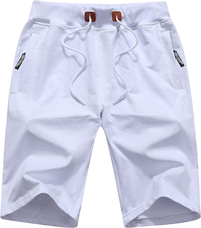Mens Casual Beach Shorts w/ Zipper Pockets (White)