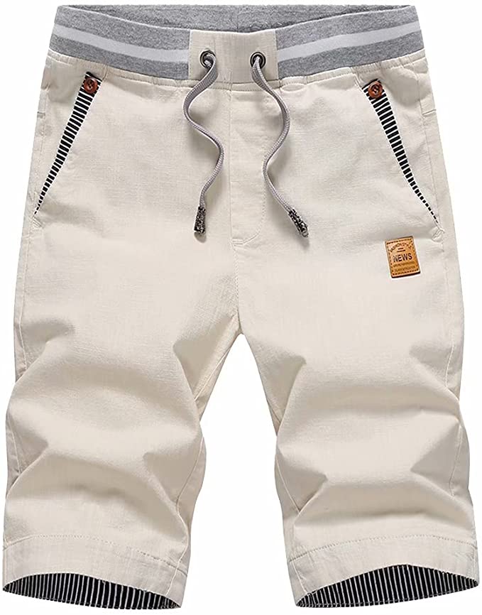 Mens Drawstring Summer Beach Shorts (Light Khaki)